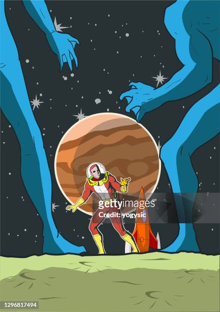 vector retro astronaut superhero fighting aliens in space stock illustration - rocket space stock illustrations