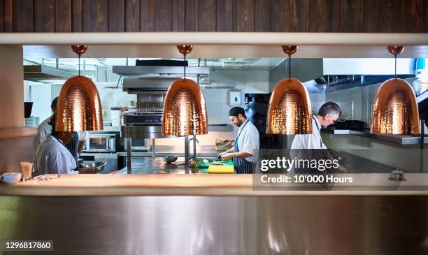 busy chefs working in commercial kitchen - modern cafe stock pictures, royalty-free photos & images