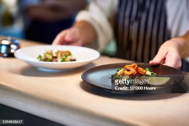 chef placing dishes of prepared food on counter - fine dining restaurant stockfoto's en -beelden