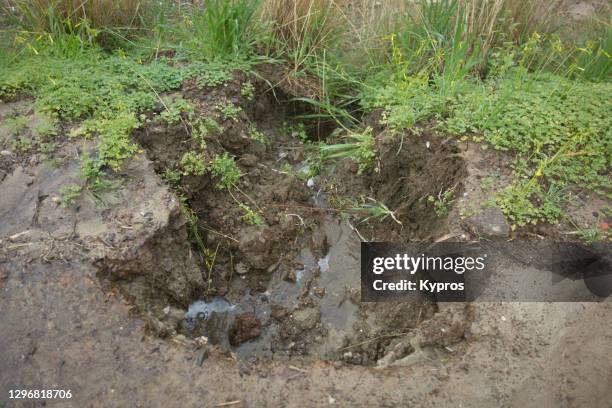 soil erosion caused by rainfall - greece - erosion stock pictures, royalty-free photos & images