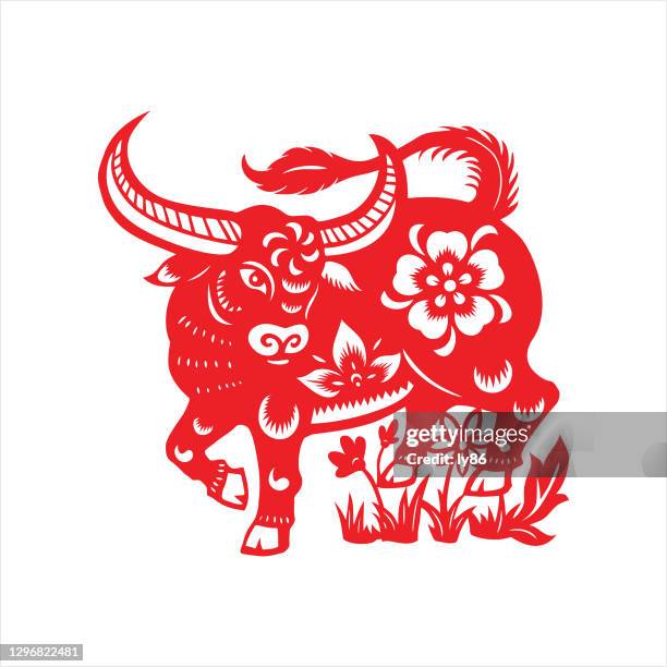 ox papercut, jahr des ochsen, 2021, frohes neues jahr, chinesisches neujahr - wasserbüffel stock-grafiken, -clipart, -cartoons und -symbole