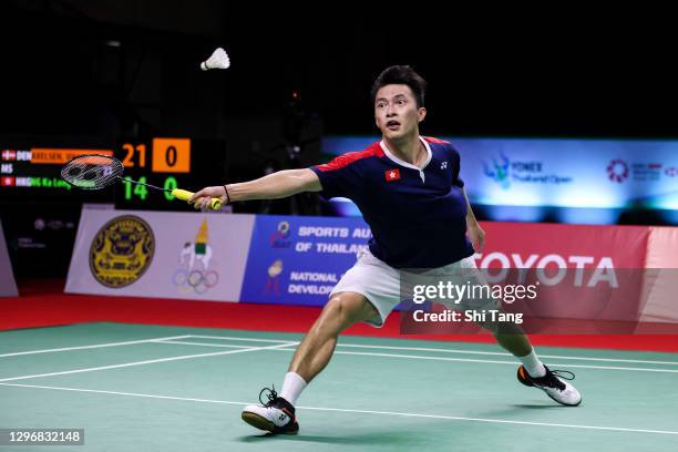 Ng Ka Long Angus of Hong Kong competes in the Men’s Single final match against Viktor Axelsen of Denmark on day six of the Yonex Thailand Open on...