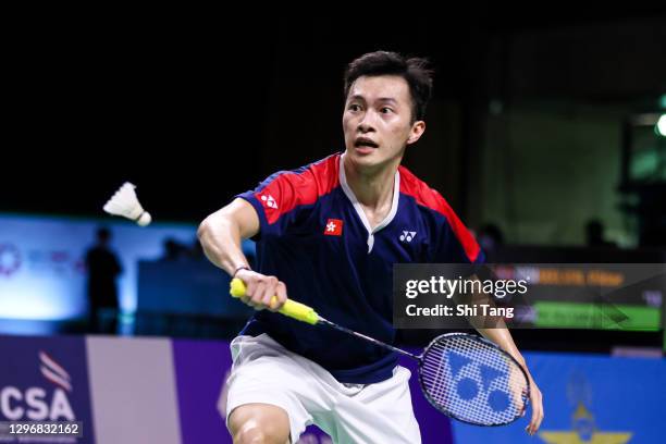 Ng Ka Long Angus of Hong Kong competes in the Men’s Single final match against Viktor Axelsen of Denmark on day six of the Yonex Thailand Open on...