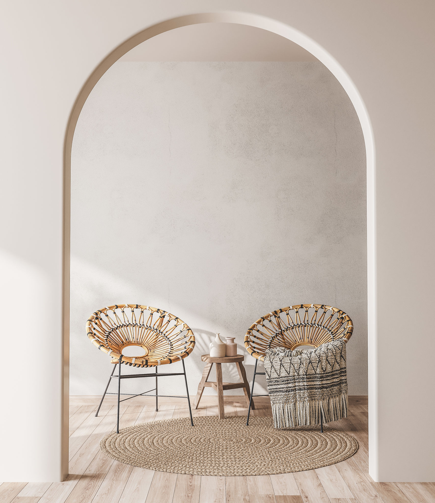 Interior mock up with wooden rattan armchairs, trendy carpet and stylish home accessories on beige wall background. Interior mock up with wooden rattan armchairs, trendy carpet and stylish home accessories on beige wall background.