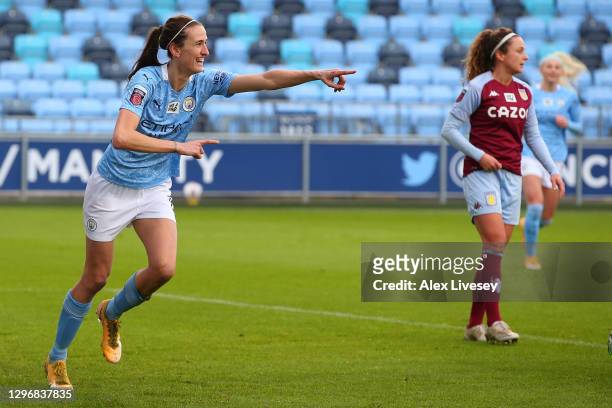 Jill Scott of Manchester City celebrates scoring her side's second goal during the Barclays FA Women's Super League match between Manchester City...