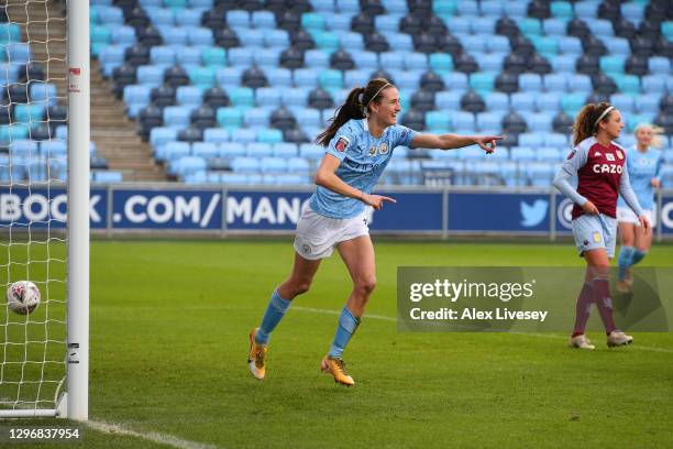 Jill Scott of Manchester City celebrates scoring her side's second goal during the Barclays FA Women's Super League match between Manchester City...