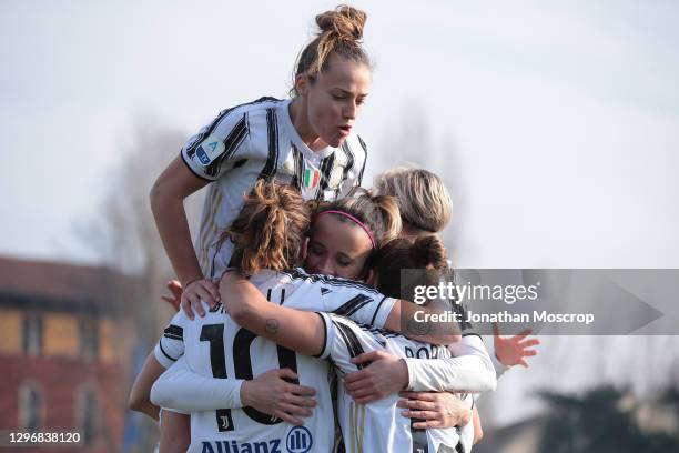Cristiana Girelli of Juventus celebrates with team mates after scoring to give the side a 1-0 lead with a second half penalty during the Women Serie...