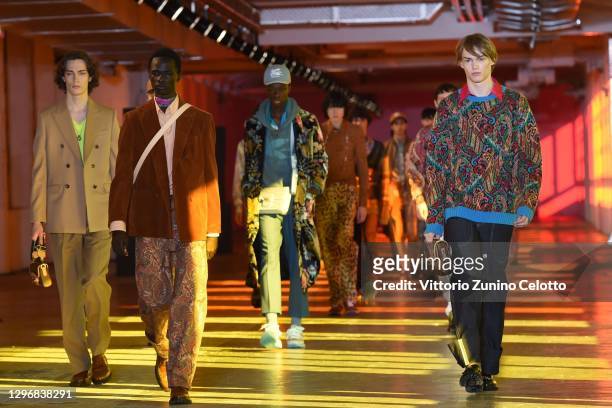In this image released on January the 17th, a model walks the runway at the Etro Fashion Show during the Milan Men's Fashion Week F/W 2021/2022 on...