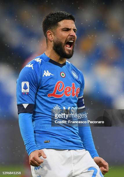Lorenzo Insigne of S.S.C. Napoli celebrates after scoring their team's fifth goal during the Serie A match between SSC Napoli and ACF Fiorentina at...