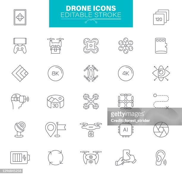 drone icons editable stroke. contains such icons as sky camera, delivery, aircraft robots, helicopter, aerial vehicle - drone stock illustrations