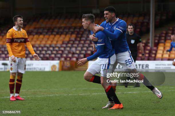 Cedric Itten of Rangers celebrates with teammate Leon Balogun after scoring their team's first goal during the Ladbrokes Scottish Premiership match...