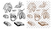 Chocolate bar, cocoa bean, hot chocolate. Set of outline illustrations. Vector on transparent background