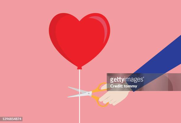 illustrazioni stock, clip art, cartoni animati e icone di tendenza di un uomo tiene le forbici tagliate un palloncino a forma di cuore - crisi