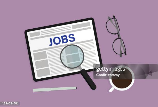 jobs website, pen, magnifying glass, coffee cup, and eyeglasses - unemployed marketing professional searches for a job stock illustrations