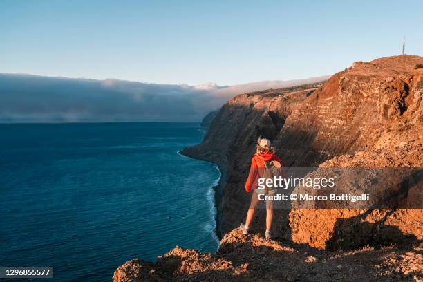 woman admiring the view from the top of a high cliff at sunset - ilhas da madeira imagens e fotografias de stock