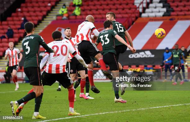 David McGoldrick of Sheffield United scores their team's first goal during the Premier League match between Sheffield United and Tottenham Hotspur at...