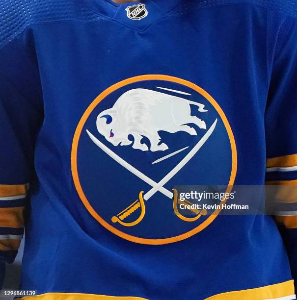 General view of the Buffalo Sabres logo on a jersey during the game against the Washington Capitals at KeyBank Center on January 14 , 2021 in...