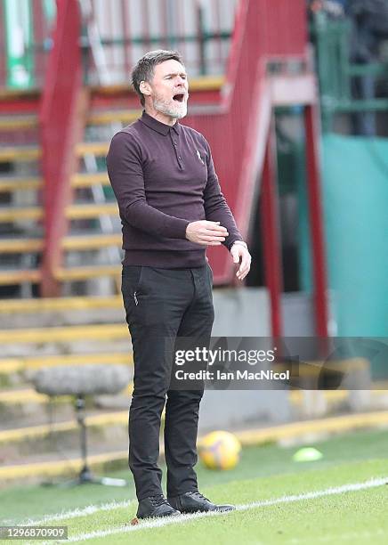 Motherwell manager Graham Alexander reacts during the Ladbrokes Scottish Premiership match between Motherwell and Rangers at Fir Park on January 17,...