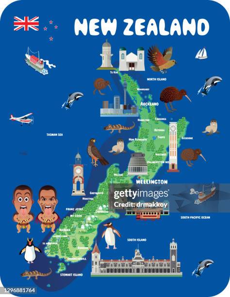 cartoon map of new zealand - new zealand flag stock illustrations