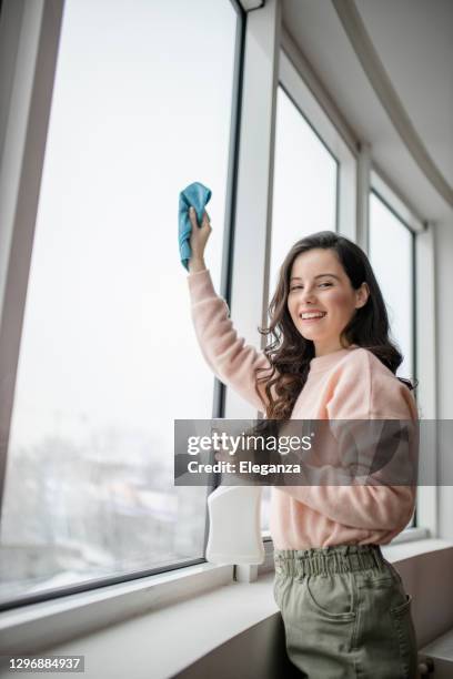 bella giovane donna sorridente che pulisce e pulisce la finestra con bottiglia spray e straccio - straccio foto e immagini stock