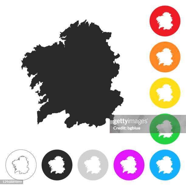 galicia map - flat icons on different color buttons - santiago de compostela stock illustrations