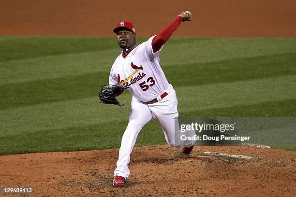 Arthur Rhodes of the St. Louis Cardinals pitches in the eighth inning during Game One of the MLB World Series against the Texas Rangers at Busch...