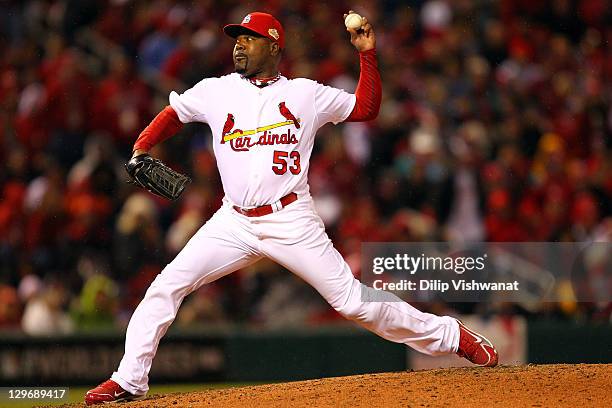 Arthur Rhodes of the St. Louis Cardinals pitches in the eighth inning during Game One of the MLB World Series against the Texas Rangers at Busch...