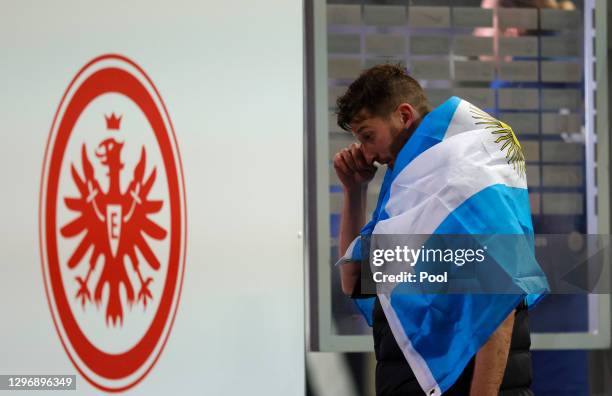 David Abraham of Eintracht Frankfurt reacts after the final whistle as he plays his final match for the club before leaving to play for his Hometown...