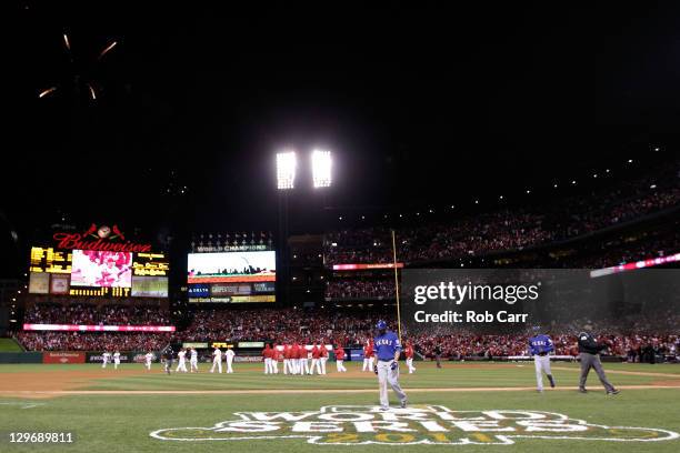The St. Louis Cardinals celebrate after defeating the Texas Rangers 3-2 during Game One of the MLB World Series at Busch Stadium on October 19, 2011...