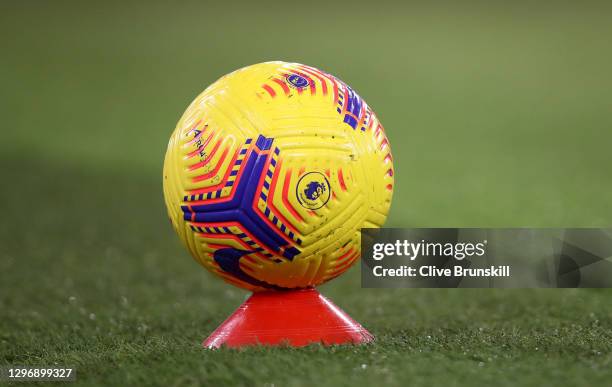 General view of the Nike Flight Hi-Vis Premier League match ball placed on a training cone during the Premier League match between Manchester City...