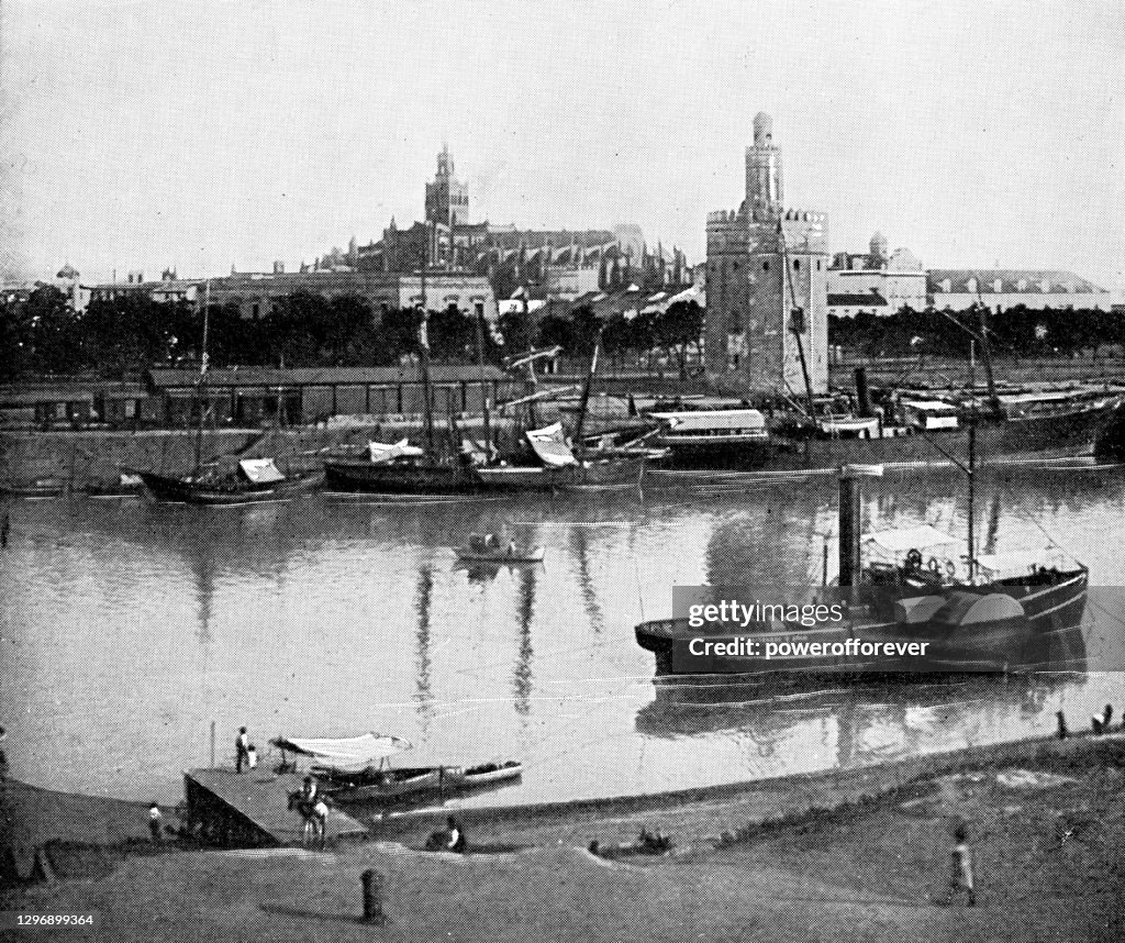 Torre del Oro and the Harbour on the Guadalquivir River in Seville, Spain - 19th Century