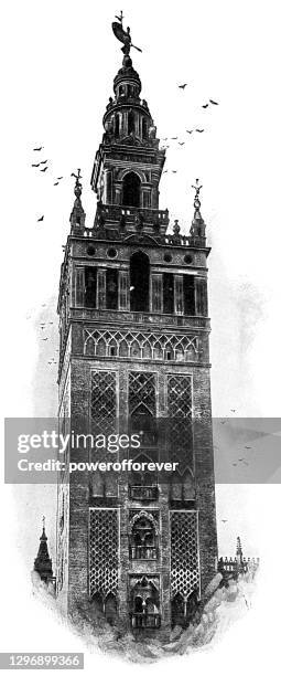 stockillustraties, clipart, cartoons en iconen met la giralda van de kathedraal van sevilla in sevilla, spanje - 19e eeuw - sevilla spanje