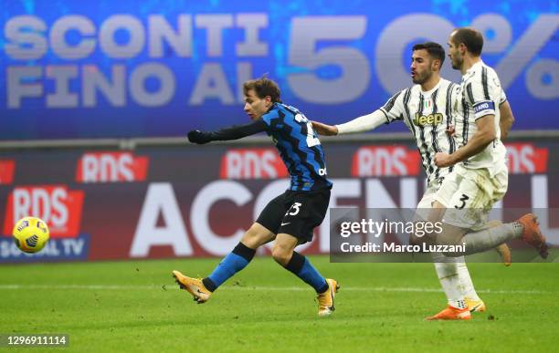 Nicolo Barella of Internazionale scores their side's second goal during the Serie A match between FC Internazionale and Juventus at Stadio Giuseppe...
