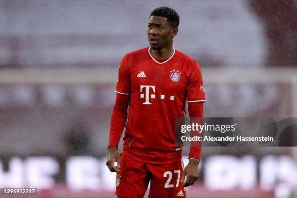 David Alaba of FC Bayern Muenchen looks on during the Bundesliga match between FC Bayern Muenchen and Sport-Club Freiburg at Allianz Arena on January...