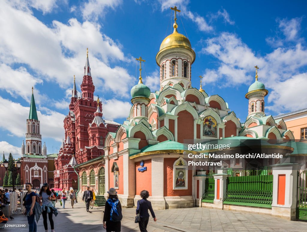 Red Square, the Kazan Cathedral, on the background the State Historical Museum and Nikolskaya tower (St. Nicholas Tower)
