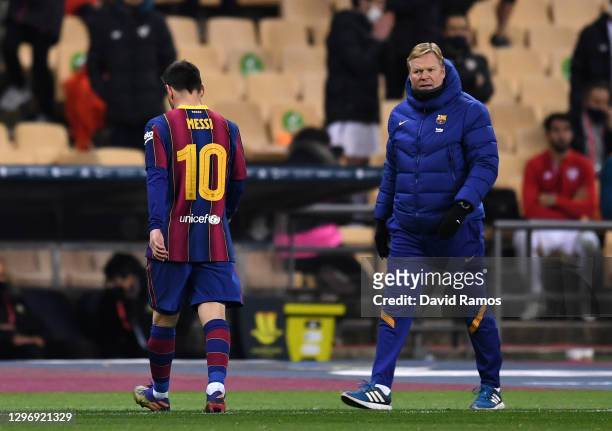 Ronald Koeman, Manager of Barcelona reacts as Lionel Messi of Barcelona walks off the field after being shown a red card during the Supercopa de...