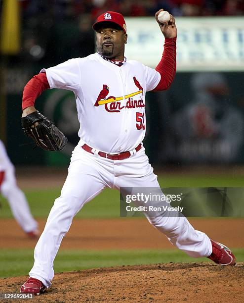 Arthur Rhodes of the St. Louis Cardinals pitches in the eighth inning during Game One of the 2011 World Series between the Texas Rangers and the St....