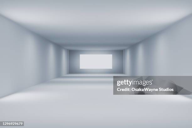 sparse white room with blank screen - 3d room stock-fotos und bilder