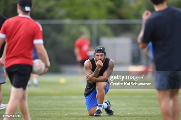 Rene Ranger looks on during a Crusaders Super Rugby training session at English Park on January 18, 2021 in Christchurch, New Zealand.