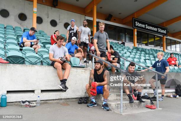 Rene Ranger and his team mates look on following a Crusaders Super Rugby training session at English Park on January 18, 2021 in Christchurch, New...