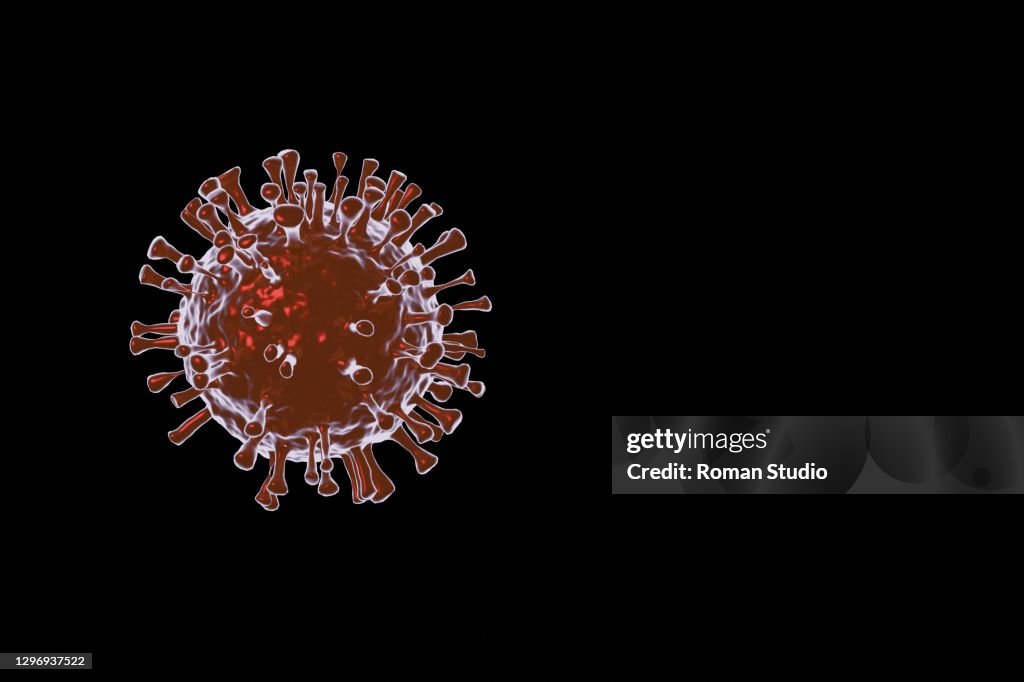3D Render. Virus. Abstract 3d microbe on black background. Computer virus, allergy bacteria, medical healthcare, microbiology concept. Disease germ, pathogen organism, infectious micro virology