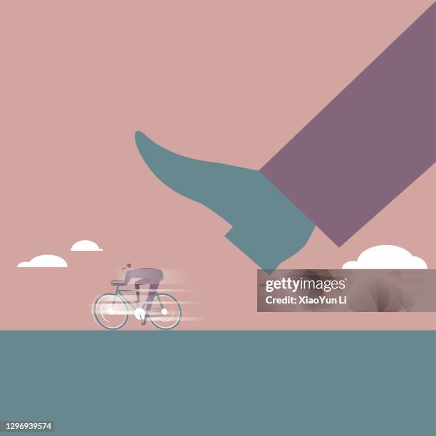 the businessman on the bike ran away under the huge feet. - li xiao ran stock illustrations