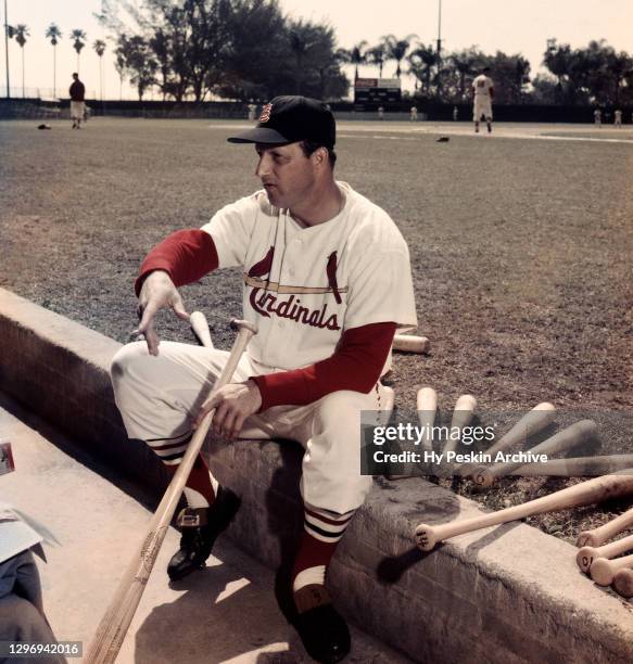 Stan Musial of the St. Louis Cardinals poses for a portrait on the dugout steps during Spring Training circa March, 1958 in St. Petersburg, Florida.