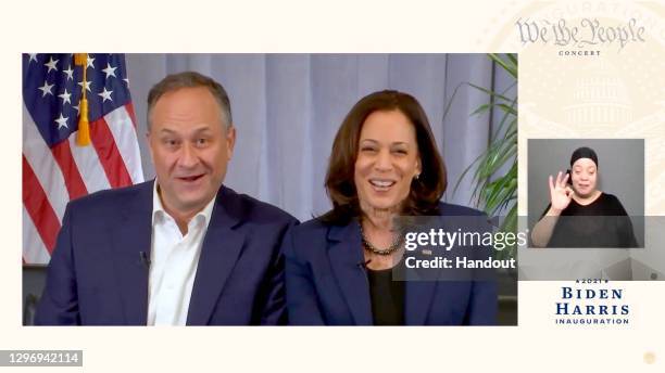 Doug Emhoff and Vice President-elect Kamala Harris speak during the "We The People" virtual concert celebrating the 59th Presidential Inauguration...