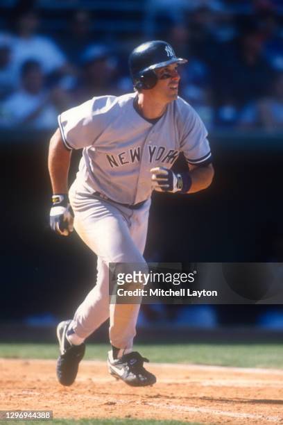 Paul O'Neill of the New York Yankees runs to first base during a spring training baseball game against the Pittsburgh Pirates on March 4, 1997 at...