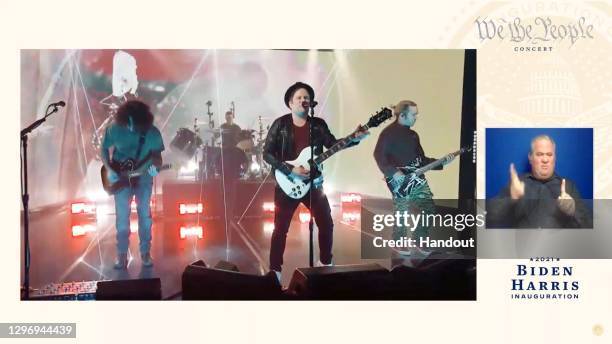 Joe Trohman, Andy Hurley, Patrick Stump, and Pete Wentz of Fall Out Boy perform during the "We The People" virtual concert celebrating the 59th...