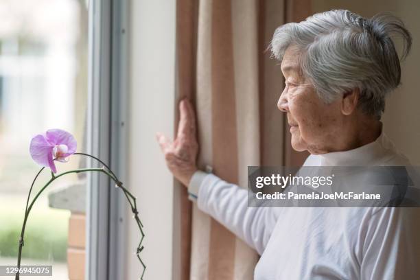 porträt der senior asian woman looking out window - winterdepression stock-fotos und bilder