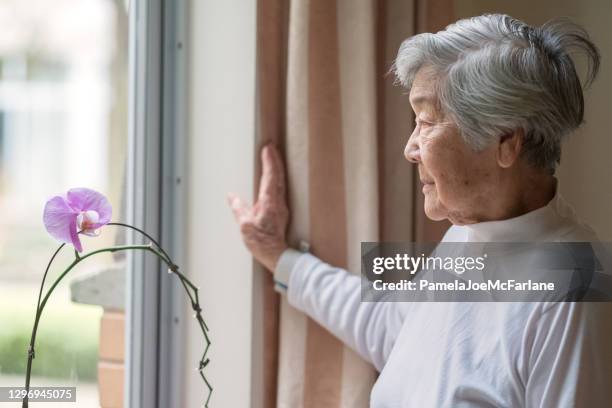 portrait of senior asian woman looking out window - elder medical alert stock pictures, royalty-free photos & images