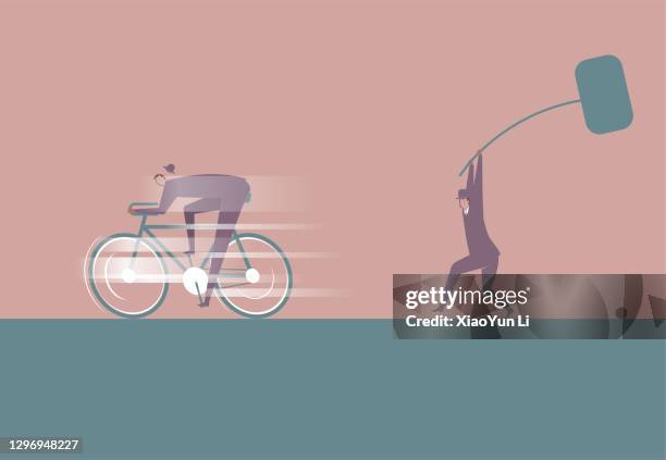 a businessman escaped from danger by bicycle. - sledgehammer stock illustrations