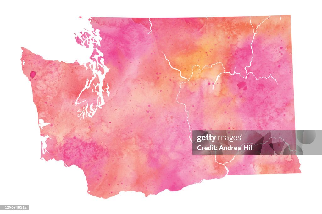 Washington State, USA Watercolor Map Raster Illustration in Pink and Coral Tones